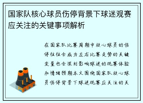 国家队核心球员伤停背景下球迷观赛应关注的关键事项解析